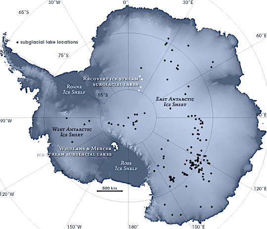 Map of Antarctic Subglacial Lakes. Photo credit: NASA Earth Observatory