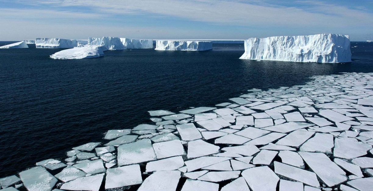 Tabular icebergs and plates of sea ice.